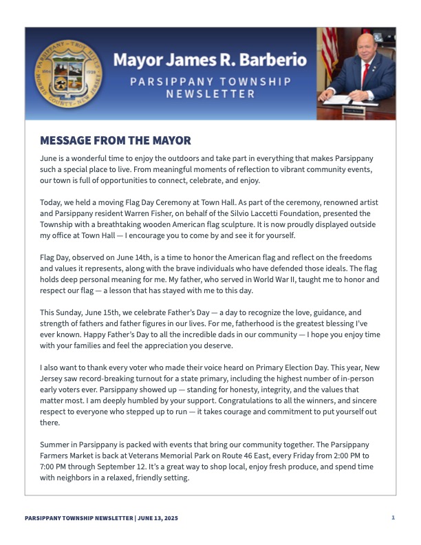 Mayor James Barberio reflects on a meaningful June in Parsippany – from honoring Flag Day with a powerful tribute to celebrating Father’s Day and enjoying summer fun at the Farmers Market. Read his full message in the latest newsletter: mailchi.mp/parsippany/070…