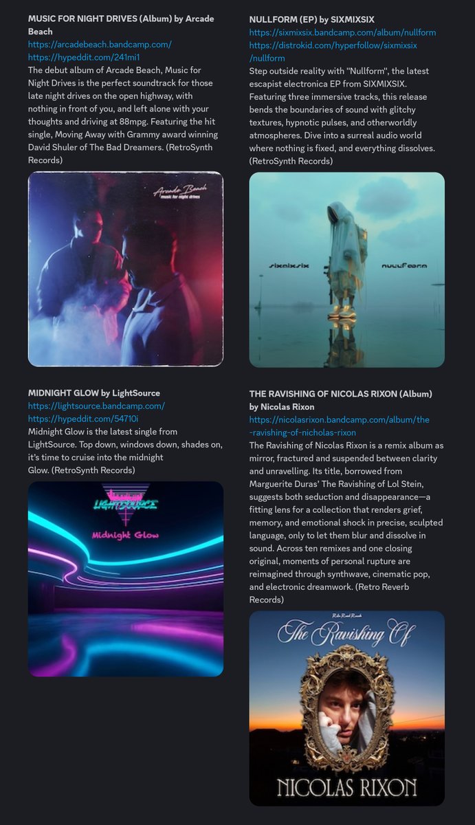 Here's what's going out to radio from the RetroSynth Collective for June 20 this week.

#ArcadeBeach #LightSource #SIXMIXSIX #NicolasRixon