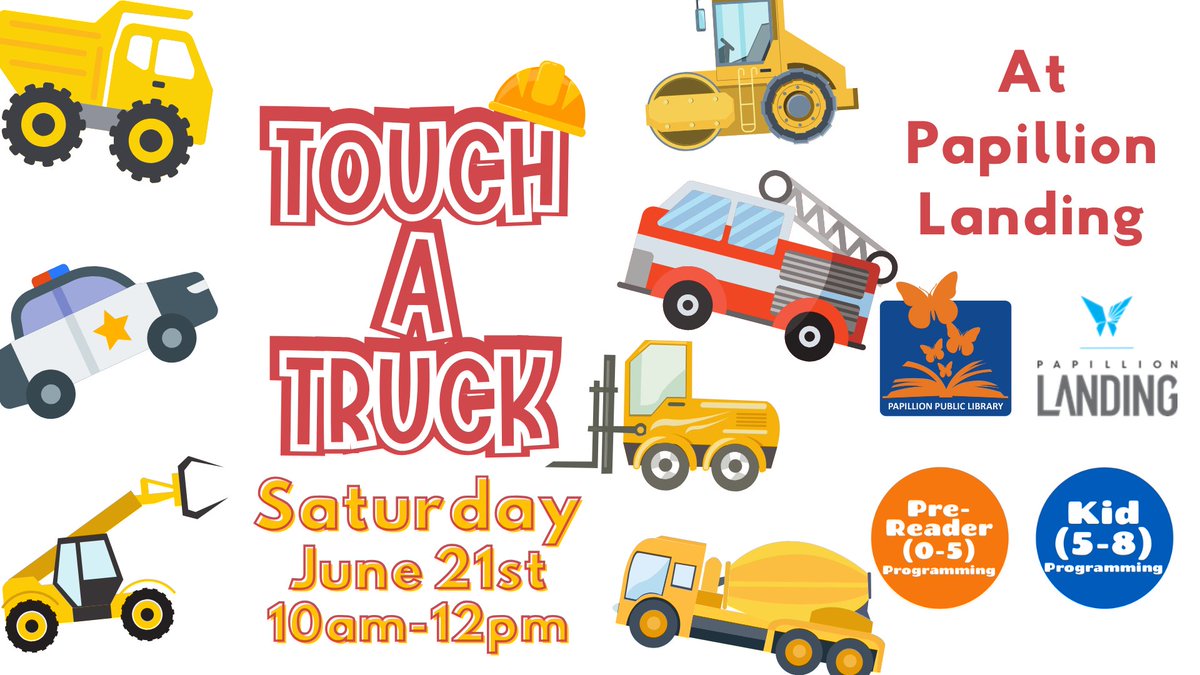Papillion Police (@papillionpolice) on Twitter photo Don't forget that we'll be at <a href="/PapillionLib/">Papillion Public Library</a>'s Touch a Truck event this Saturday, June 21st! They have a great line up of cool vehicles to explore, plus the Kona Ice truck!
10:00 am - 12:00 pm at #PapillionLanding. Don't forget that we'll be at <a href="/PapillionLib/">Papillion Public Library</a>'s Touch a Truck event this Saturday, June 21st! They have a great line up of cool vehicles to explore, plus the Kona Ice truck!
10:00 am - 12:00 pm at #PapillionLanding.