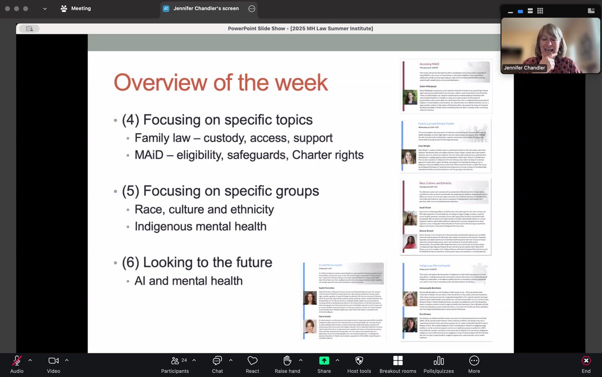 Happening now at the CHLPE Summer Institute: Prof. Jennifer Chandler <a href="/jnfrchandler/">Jennifer Chandler</a> is leading a session on the foundations and current landscape of mental health law in Canada. An essential overview to kick off the week. #CHLPE #MentalHealthLaw #HealthLaw