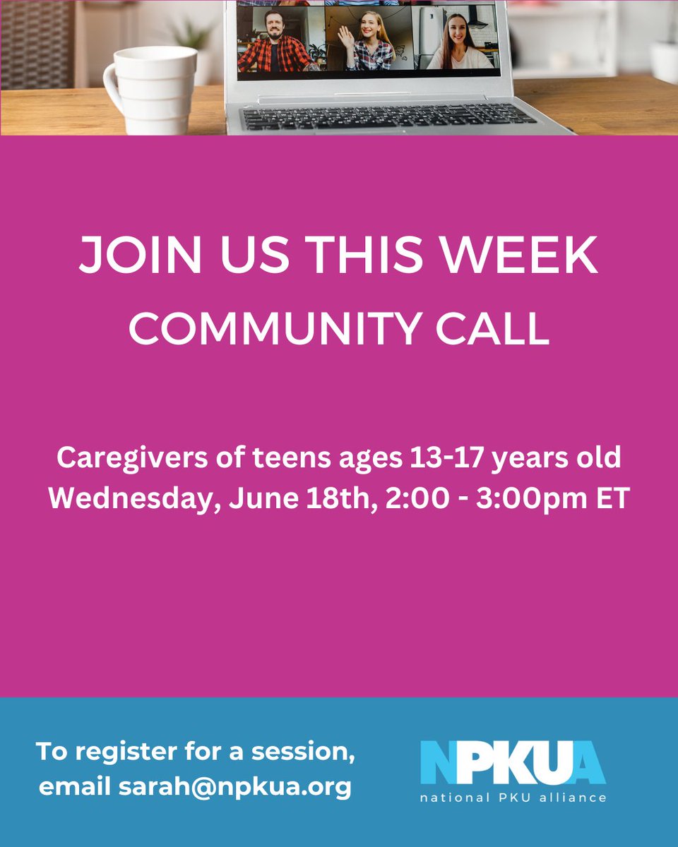 NPKUA (@npkua_info) on Twitter photo Join us for this week's community call to share stories, build connections, and discuss topics important to you!
Email sarah@npkua.org to register.
#pku
#npkua Join us for this week's community call to share stories, build connections, and discuss topics important to you!
Email sarah@npkua.org to register.
#pku
#npkua