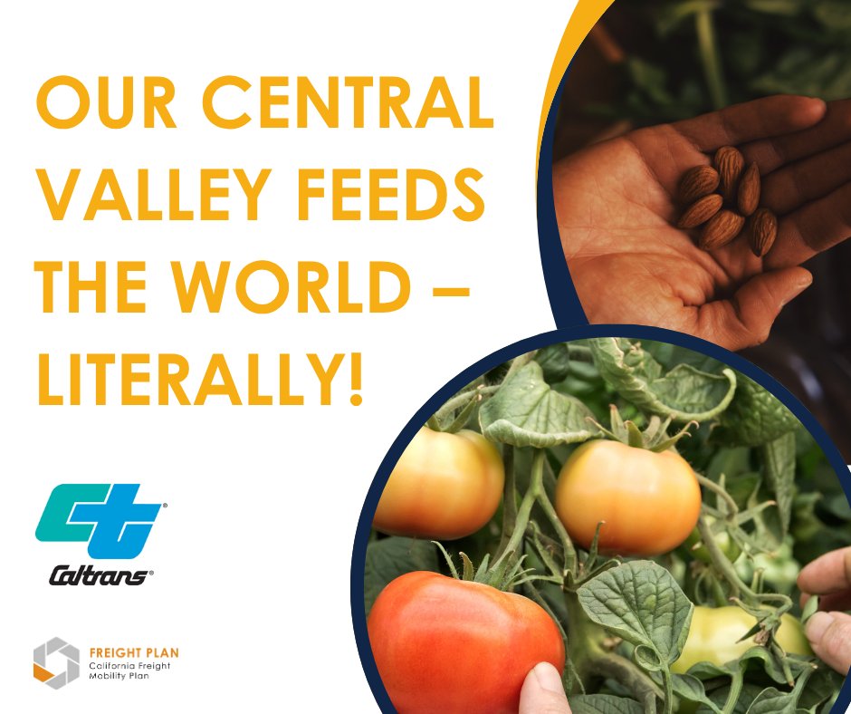 CaltransDist10's tweet photo. ππ
Our Central Valley feeds the world, literally! Freight moves almonds, grapes & tomatoes from farms to shelves, locally & globally. Help us improve the system by taking the survey!
https://t.co/dMx3JEnQGw
#CAFreightPlan #FreightMobility https://t.co/y7n1Zab7g4
