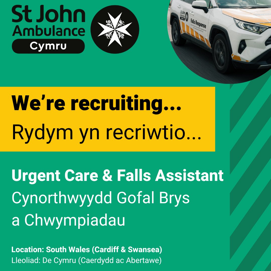 WE ARE RECRUITING: Urgent Care &amp; Falls Assistant (night shifts only)
Location: South Wales (Cardiff &amp; Swansea)

RYDYM YN RECRIWTIO: Cynorthwyydd Gofal Brys a Chwympiadau (sifftiau nos yn unig)
Lleoliad: De Cymru (Caerdydd ac Abertawe)

More/Mwy: sjacymru.org.uk/en/vacancies/u…