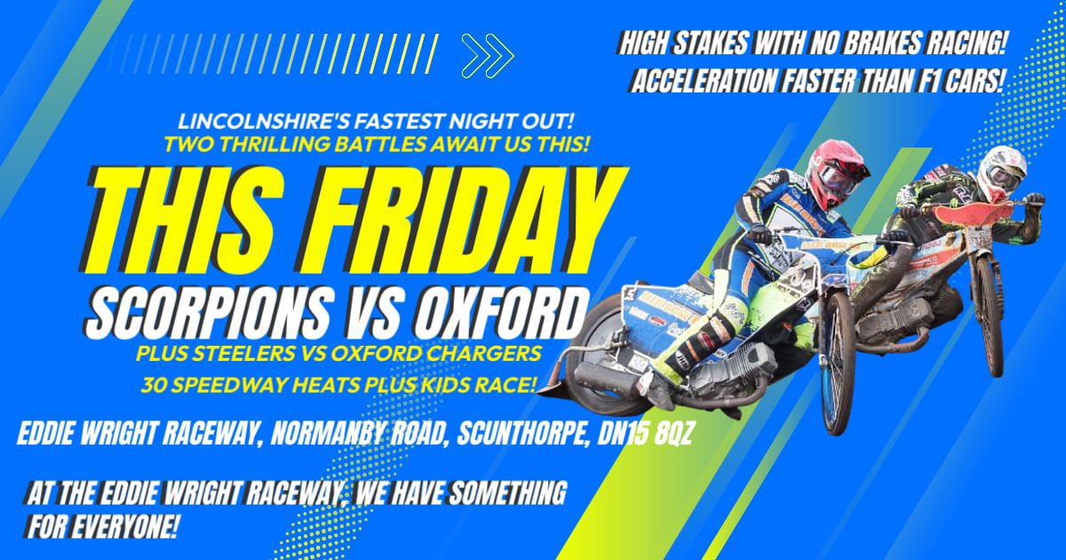 SpeedwayScunny's tweet photo. Double header this Friday, 30 heats of unmissable action! 🦂
Please note earlier start time of 7pm.

£25 adults 
£23 concession
0-16 free with paying adult

🎨 Dan Palmer https://t.co/wseEcx2jRm