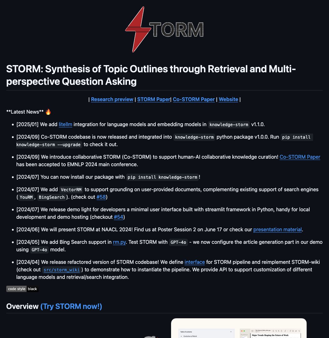 D4Vinci1's tweet image. storm by @StanfordOVAL

Introducing STORM: A tool for collaborative knowledge curation that uses AI to help generate topic outlines and articles. Supports multiple language models &amp;amp; search engines, empowering human-AI collaboration #STORM #KnowledgeCuration #AI