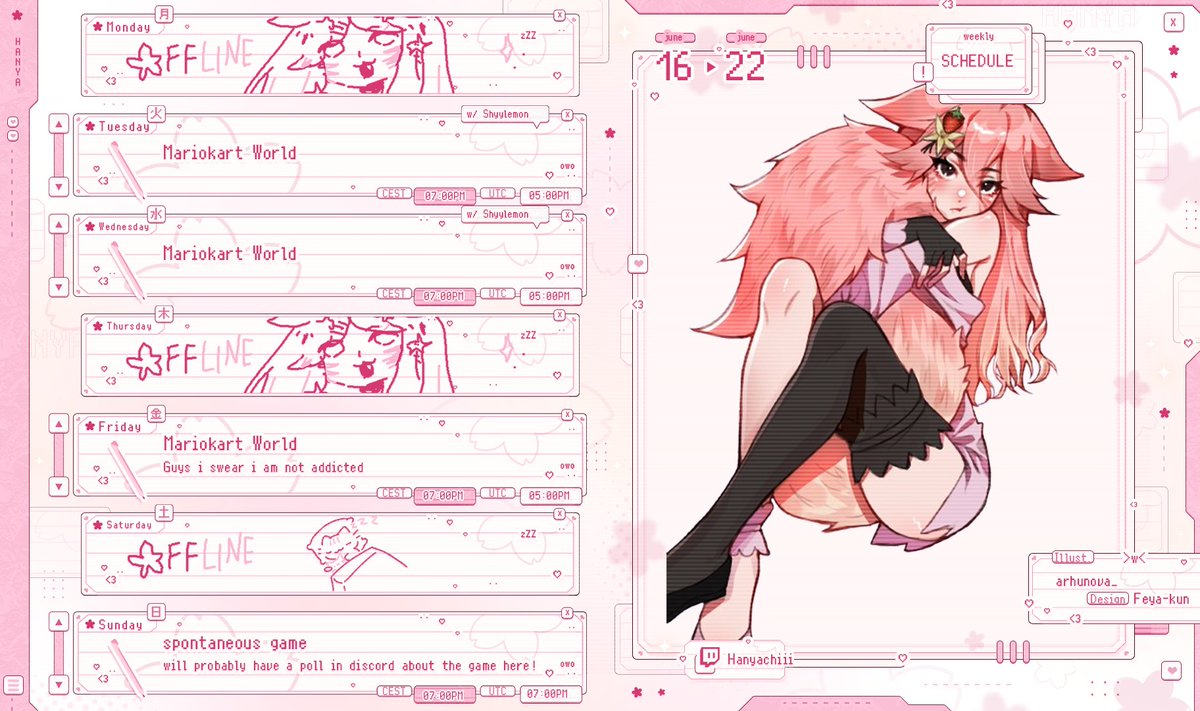 ₊⊹ june 16-22 schedule ⊹₊
──★ ˙🍓 ̟ !!

This week is filled with MKW because i am addicted so you need to go through this hell too !! :3 next week will be having more collabs again hehe c: 

ʚɞ twitch.tv/hanyachiii
ʚɞ hanyachiii.carrd.co