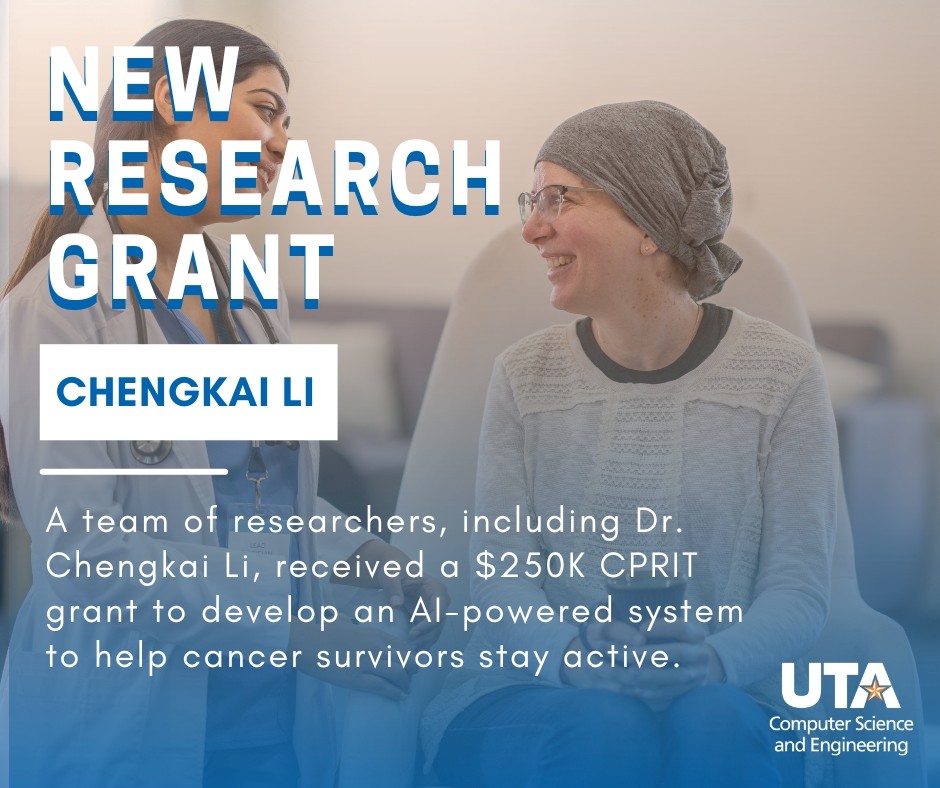 cseuta's tweet image. 🧠 Transforming Recovery with AI!
Congrats to Dr. Chengkai Li (CSE) and team on a $250K CPRIT award! Their project uses wearable sensors + generative AI to boost physical activity in cancer survivors with smart, personalized health messages.
#AIForGood #CPRIT @yueliao
