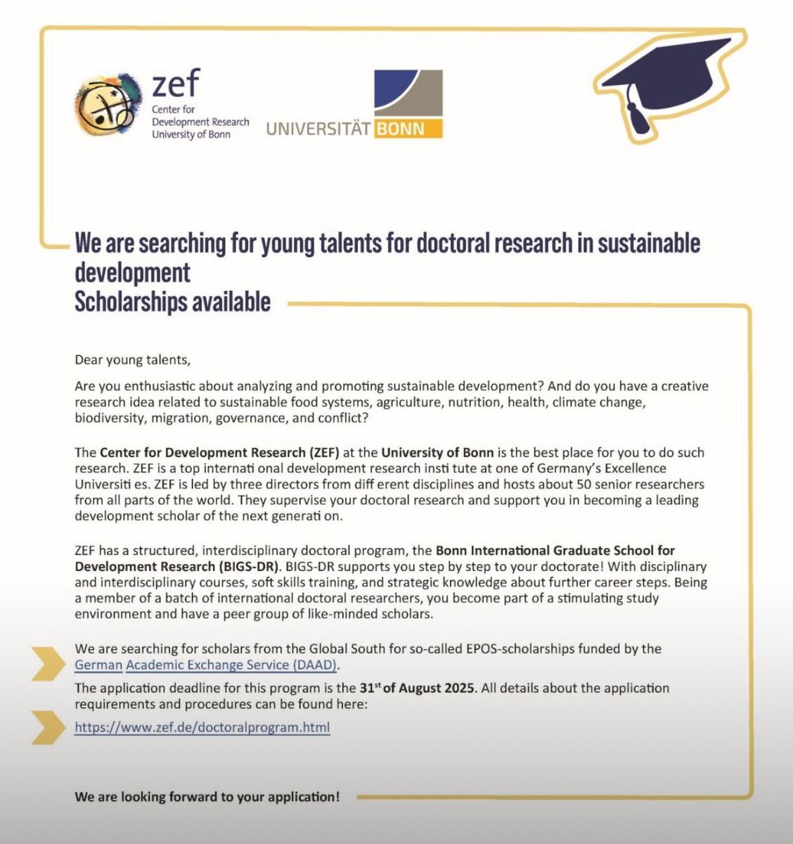 Scholarships for doctoral research in sustainable development - targeting scholars from the Global South