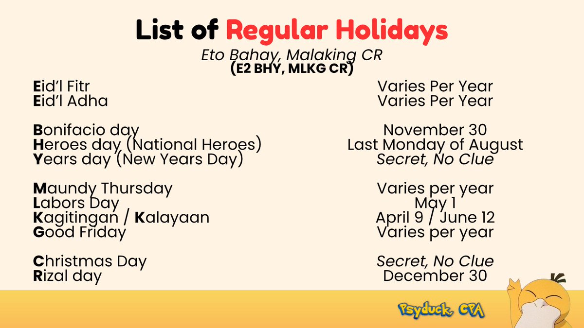 psyduckcpa's tweet photo. RFBT: Labor Law

List of Regular Holidays https://t.co/EGWrnnl1YF
