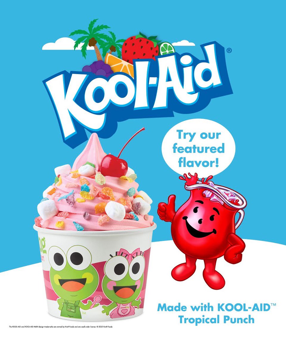 RosedaleFrog's tweet photo. Hop in anytime and try our newest flavor Frozen Yogurt - Kool-Aid!!!

It is the tropical punch flavor!  Top it with your favorite toppings!  Yum!!

#sweetFrog       
#flavor       
#koolaid https://t.co/LHC6eje4wp