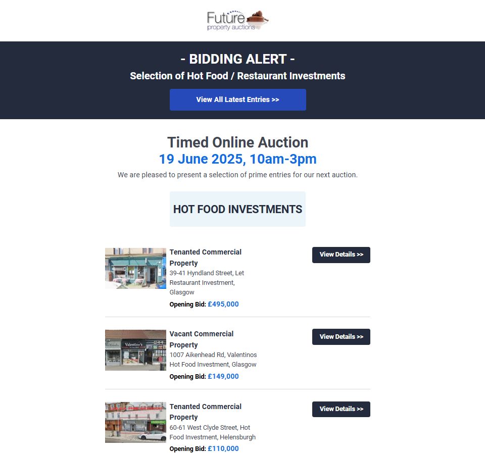 - Hot Food / Restaurant Investments -
Selection of Hot Food / Restaurant Investments
View Latest Entries >> buff.ly/HB07tEP 
 
Timed Online Auction
19 June 2025, 10am-3pm

#propertyauction #property #propertyinvestor #auction