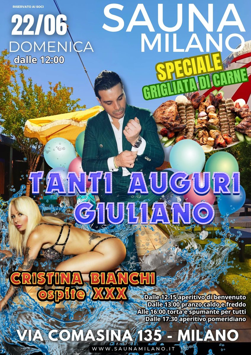 SaunaMilano (@saunamilano) on Twitter photo #domenica 22 #giugno alla <a href="/saunamilano/">SaunaMilano</a> #happybirthday Giuliano ππ°ππΆοΈβοΈ
Ospite Cristiana Bianchi π
#animazione #xxx
#BBQ dalle 13.00
#torta e #spumante ore 16.00 #domenica 22 #giugno alla <a href="/saunamilano/">SaunaMilano</a> #happybirthday Giuliano ππ°ππΆοΈβοΈ
Ospite Cristiana Bianchi π
#animazione #xxx
#BBQ dalle 13.00
#torta e #spumante ore 16.00