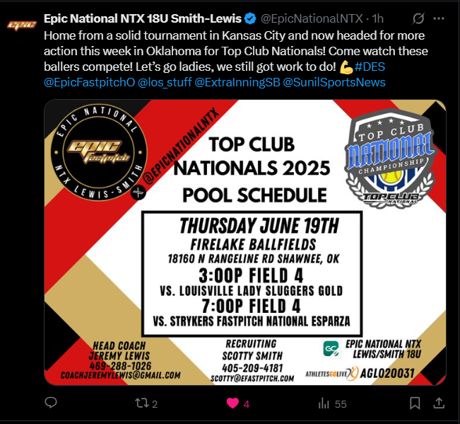 Had fun in Kansas playing softball vs. some good teams and good players 🥎 !
We are headed to Shawnee Oklahoma next!
<a href="/EpicNationalNTX/">Epic National NTX 18U Smith-Lewis</a> <a href="/MSUTexasSB/">Midwestern State Softball</a>