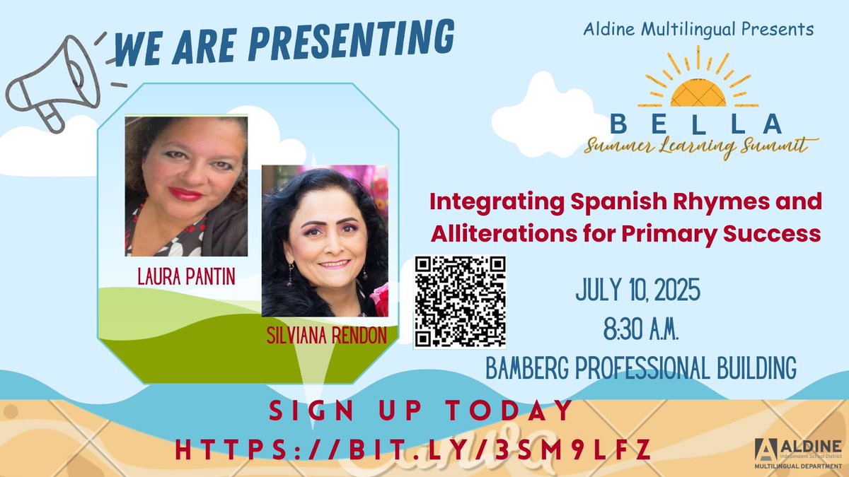 Silviana Rendon🇨🇴🇺🇸 (@rendongl401) on Twitter photo BELLA Institute: Integrating Spanish Rhymes and Alliterations for Primary Success. (Pre-K & K)
We are presenting at #BELLAINSTITUTE July 10, 2025, 8:30 a.m.
bit.ly/3SM9lfz
sites.google.com/aldineisd.org/…
<a href="/JuanToscanoG/">Juan Toscano</a> <a href="/GomezTempleton/">Mrs. Gómez-Templeton</a> <a href="/GarciaLeza_AISD/">Garcia-Leza Primary</a> <a href="/Hinojosa_AISD/">Hinojosa Primary</a> BELLA Institute: Integrating Spanish Rhymes and Alliterations for Primary Success. (Pre-K & K)
We are presenting at #BELLAINSTITUTE July 10, 2025, 8:30 a.m.
bit.ly/3SM9lfz
sites.google.com/aldineisd.org/…
<a href="/JuanToscanoG/">Juan Toscano</a> <a href="/GomezTempleton/">Mrs. Gómez-Templeton</a> <a href="/GarciaLeza_AISD/">Garcia-Leza Primary</a> <a href="/Hinojosa_AISD/">Hinojosa Primary</a>