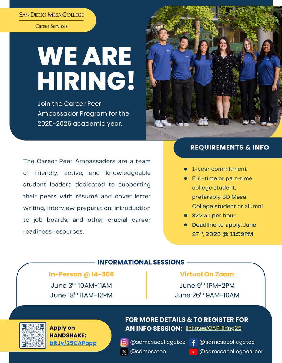 📢 Don't miss out and apply to be a Career Peer Ambassador at Mesa’s Career Center! 🌟 Help fellow students with resumes, cover letters, interviews &amp; more! 💼 Info sessions in-person &amp; online! Apply by June 27 @ 11:59 PM ⏰ #sandiegomesacollege