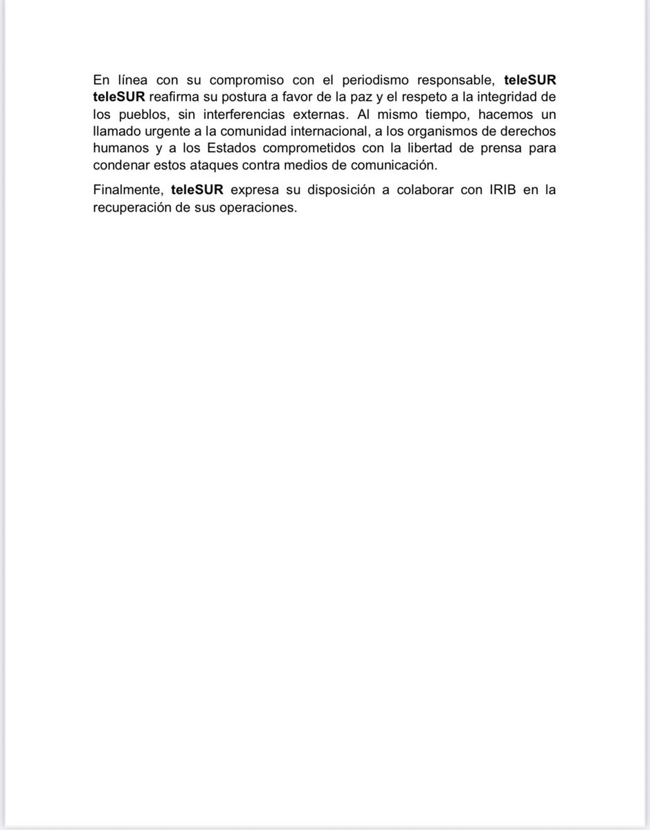 Kawsachun News (@kawsachunnews) on Twitter photo teleSUR condemns the bombing of the offices of Iran's IRIB news agency in Tehran by ‘Israel’ and expresses its willingness to collaborate with the IRIB in the recovery of its operations. <a href="/teleSURtv/">teleSUR TV</a> teleSUR condemns the bombing of the offices of Iran's IRIB news agency in Tehran by ‘Israel’ and expresses its willingness to collaborate with the IRIB in the recovery of its operations. <a href="/teleSURtv/">teleSUR TV</a>