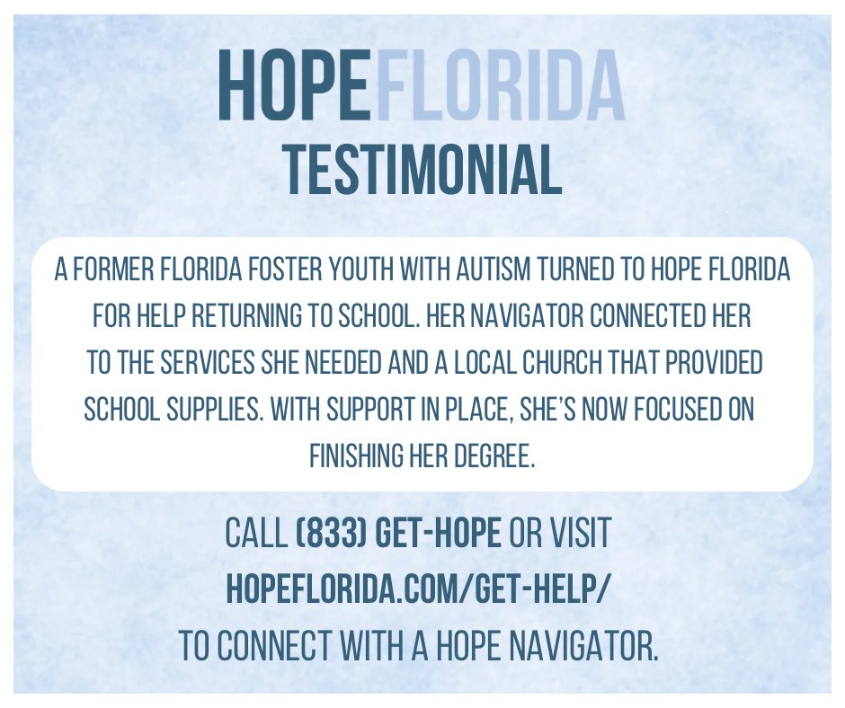 HopeFlorida's tweet image. A former Florida foster youth with autism turned to Hope Florida for help returning to school. Her Navigator connected her to the services she needed and a local church that provided school supplies. With support in place, she’s now focused on finishing her degree.