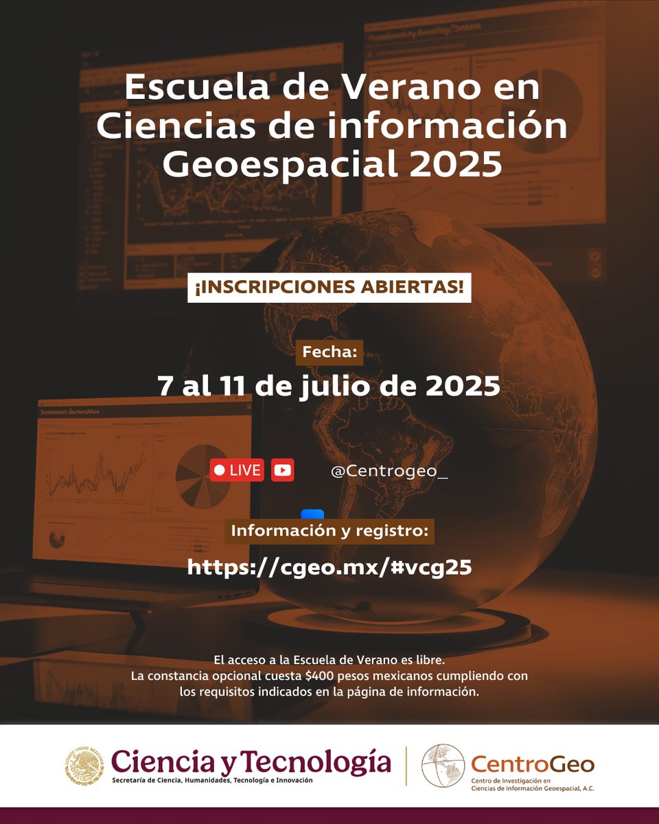 ¿Qué hace un Centro de investigación en Ciencias de información geoespacial?
Descúbrelo en la Escuela de Verano 2025 del CentroGeo.
7 al 11 de julio
Valor curricular (constancia con costo)
Inscripciones abiertas hasta el 30 de junio.
¡Participa desde cualquier parte del mundo!