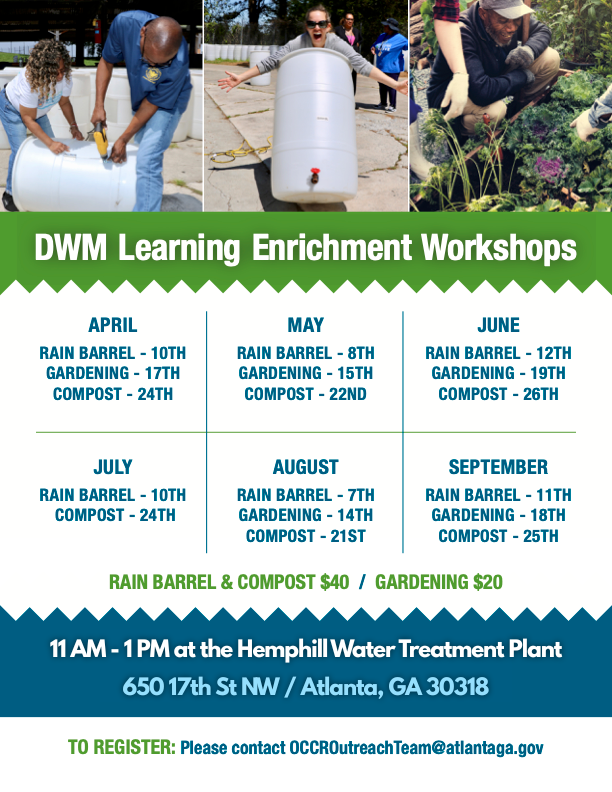 Atlanta Watershed (@atlwatershed) on Twitter photo Dig into sustainability with #ATLDWM's Learning Enrichment Workshops! Learn how to set up a rain barrel, start composting, & grow a water-wise garden.
🌱 To register, please email: OCCROutreacTeam@atlantaga.gov Dig into sustainability with #ATLDWM's Learning Enrichment Workshops! Learn how to set up a rain barrel, start composting, & grow a water-wise garden.
🌱 To register, please email: OCCROutreacTeam@atlantaga.gov