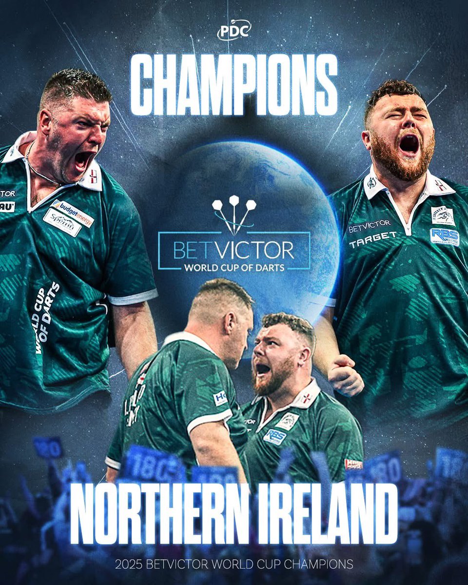 So proud of the two lads on winning the Darts World Cup for Northern Ireland. They came through an epic game in the final to lift the title. 
You did your country proud lads!