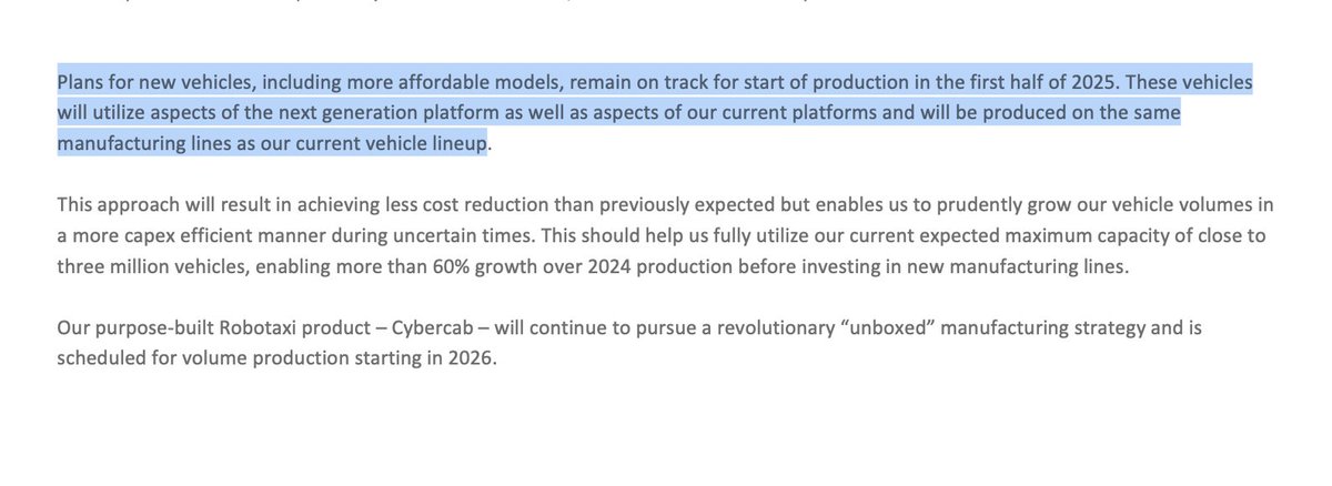 Soooo are these new more affordable <a href="/Tesla/">Tesla</a> vehicles starting production within the next two weeks?

Tesla 55 days ago: "Plans for new vehicles, including more affordable models, remain on track for start of production in the first half of 2025. These vehicles will utilize aspects