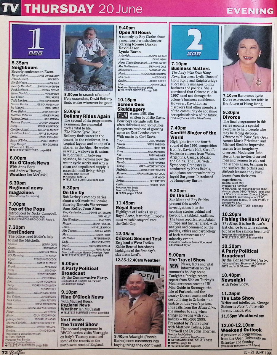 TvDidYouSee's tweet photo. #OnThisDay 20 June 1991 πΊTV Listings
The police try to nail the Mitchells in #EastEnders and go after a bag snatcher in #TheBill. A routine drive ends in violence in #Emmerdale.
Look out for a young #PatsyPalmer in Screen One: SKULDUGGERY.
G B H with #RobertLindsay continues. https://t.co/SJsIqXdcDI