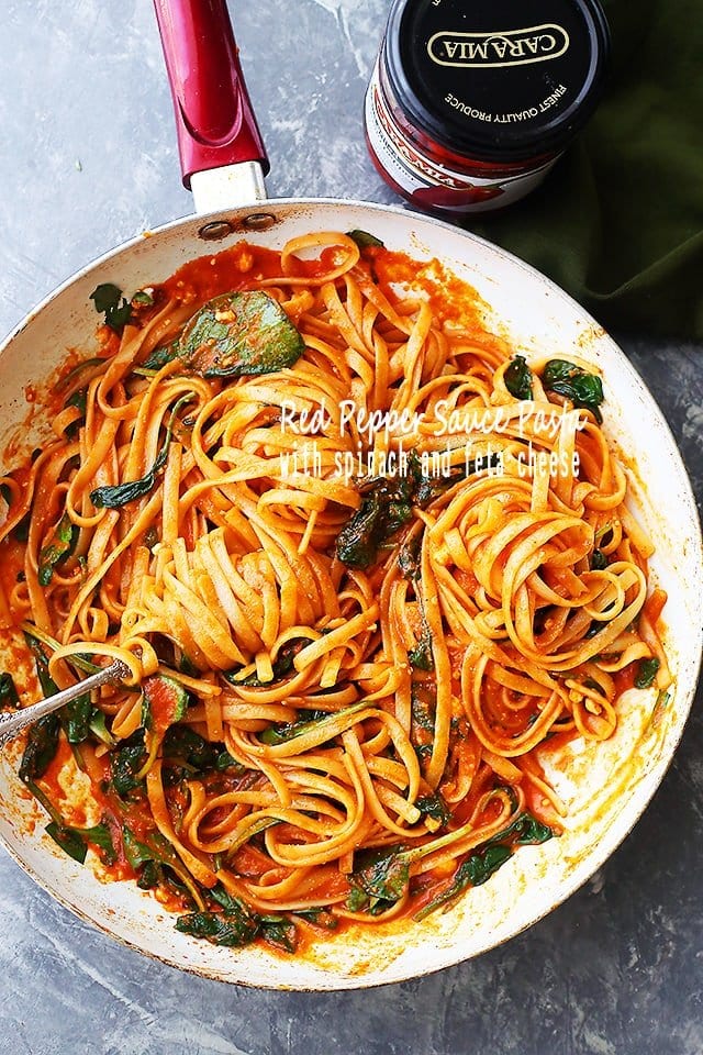This red pepper pasta sauce blends sweet, smoky peppers with onion and herbs. Toss with pasta, spinach, and feta for an easy vegetarian meal! #redpepper #pastasauce #vegetarian diethood.com/red-pepper-sau…