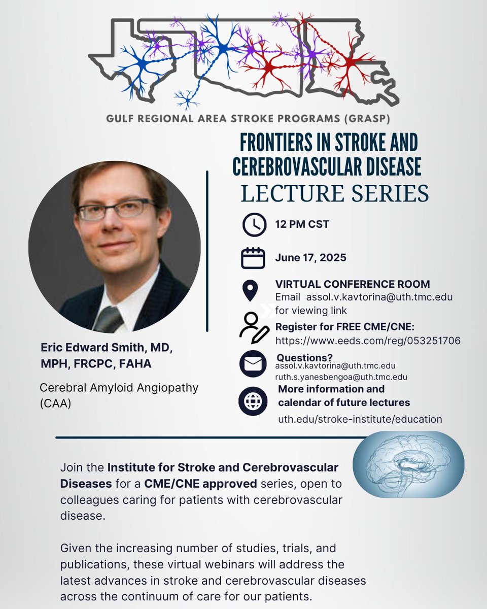 Institute for Stroke and Cerebrovascular Disease (@uthealthstroke) on Twitter photo Join us Tuesday, June 17 at 12 PM CST for another exciting GRASP lecture with Dr. Eric Smith!
Remote link provided in your registration confirmation.
Questions? Email: assol.v.kavtorina@uth.tmc.edu 📆 Register for free: eeds.com/reg/053251706 Join us Tuesday, June 17 at 12 PM CST for another exciting GRASP lecture with Dr. Eric Smith!
Remote link provided in your registration confirmation.
Questions? Email: assol.v.kavtorina@uth.tmc.edu 📆 Register for free: eeds.com/reg/053251706
