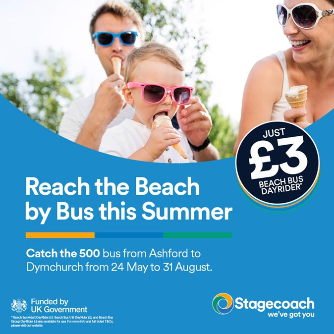 You can reach the beach on route 500.

The 500 leaves @se_railway Ashford International four times a day on Saturdays &amp; Sundays, with the last bus leaving Dymchurch High Street at 18:50.

#DaysOutByRail

Full ticket and timetable info available at stge.co/4dRctke
