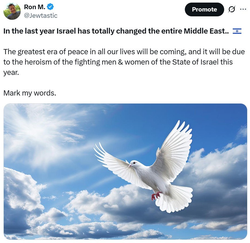 We are entering a new era. 🕊️🫒🇸🇦🇮🇱

An era of peace between Jews, Sunni Muslims, and Christians. Between the West and the Middle East led by the regional powers of Israel, Saudi, Egypt etc.

An era where terror, and rejectionists like the Mullahs, and the Palestinians are left