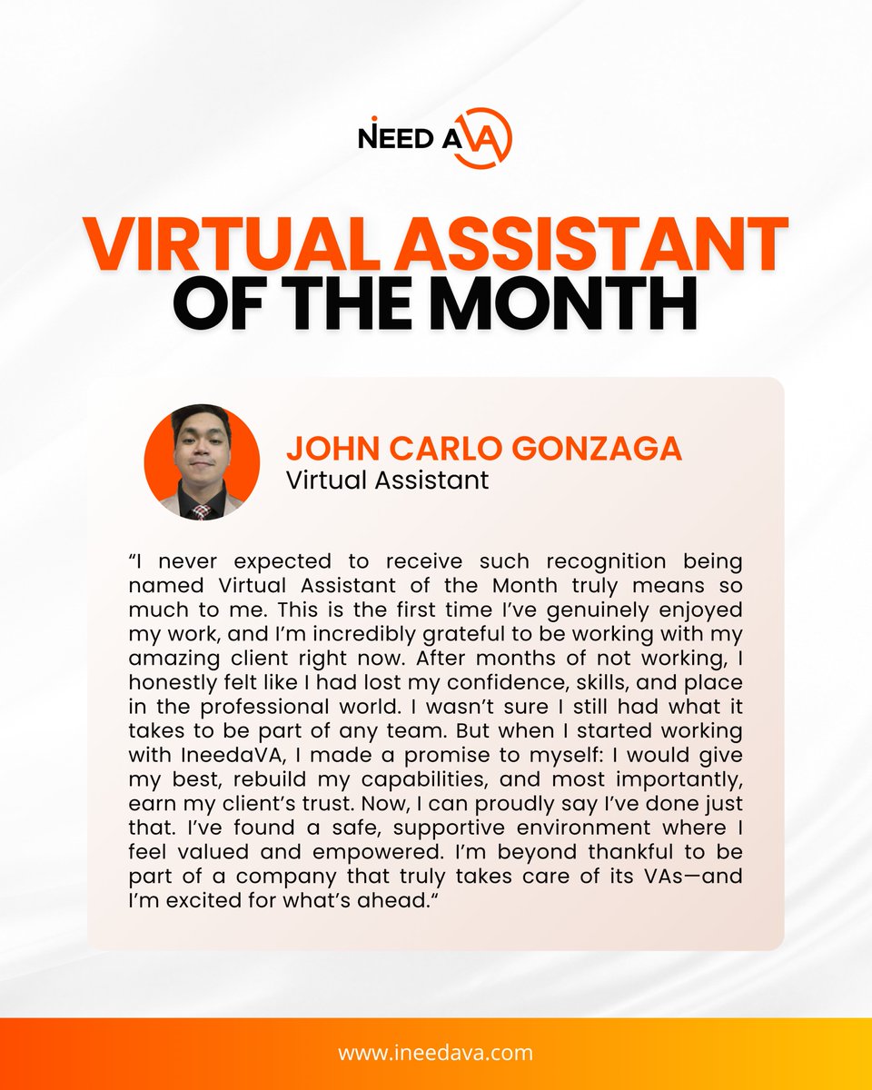 ineeda_va's tweet image. Meet our VAs of the Month: John Carlo, Jelly, and Noemi! 🌟
Their dedication, professionalism, and drive to go above and beyond for their clients truly set them apart. We&apos;re proud to have them on the team!#VAoftheMonth #INeedAVA #VirtualAssistantExcellence #TopPerformers