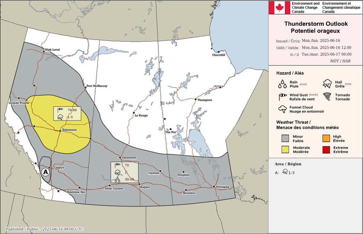ECCCWeatherAB's tweet image. After a busy weekend, the risk of thunderstorms continues this afternoon in Alberta. Potential for storm development along the foothills and over northern/central Alberta. Main threats with these storms are hail and strong wind gusts this afternoon and evening #abstorm