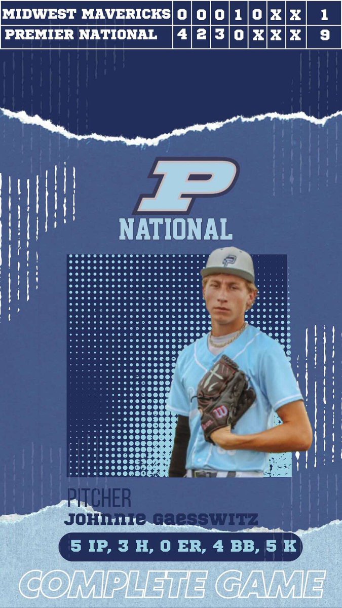 Premier National Baseball 2027 (@pnbaseball2027) on Twitter photo Congratulations to Johnie Gaesswitz <a href="/JGaesswitz/">Johnie Gaesswitz</a> on pitching a complete game winner at the <a href="/CWC_Arkansas/">ChadWolffClassic</a> in Arkansas this past weekend!
5 IP, 3 H, 0 ER, 4 BB, 5k
Mustang HS <a href="/BaseballBroncos/">Mustang Baseball</a>
Premier National- 9
Midwest Mavericks- 1 Congratulations to Johnie Gaesswitz <a href="/JGaesswitz/">Johnie Gaesswitz</a> on pitching a complete game winner at the <a href="/CWC_Arkansas/">ChadWolffClassic</a> in Arkansas this past weekend!
5 IP, 3 H, 0 ER, 4 BB, 5k
Mustang HS <a href="/BaseballBroncos/">Mustang Baseball</a>
Premier National- 9
Midwest Mavericks- 1