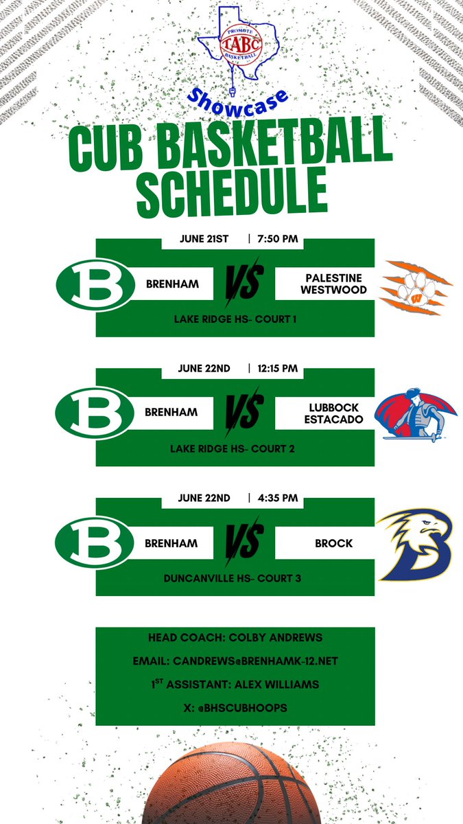 Brenham Cub Basketball (@bhscubhoops) on Twitter photo Come check out our Cubs this weekend at the TABC Showcase!
<a href="/NotLyke10/">Jayden Hebert</a> <a href="/majied_dawud1/">Dawud Majied</a> <a href="/MyjahDavis/">Myjah Davis</a> <a href="/Tre_for6/">Trelyn Kelly</a> <a href="/CameronB2026/">Cameron Boggess</a> Come check out our Cubs this weekend at the TABC Showcase!
<a href="/NotLyke10/">Jayden Hebert</a> <a href="/majied_dawud1/">Dawud Majied</a> <a href="/MyjahDavis/">Myjah Davis</a> <a href="/Tre_for6/">Trelyn Kelly</a> <a href="/CameronB2026/">Cameron Boggess</a>