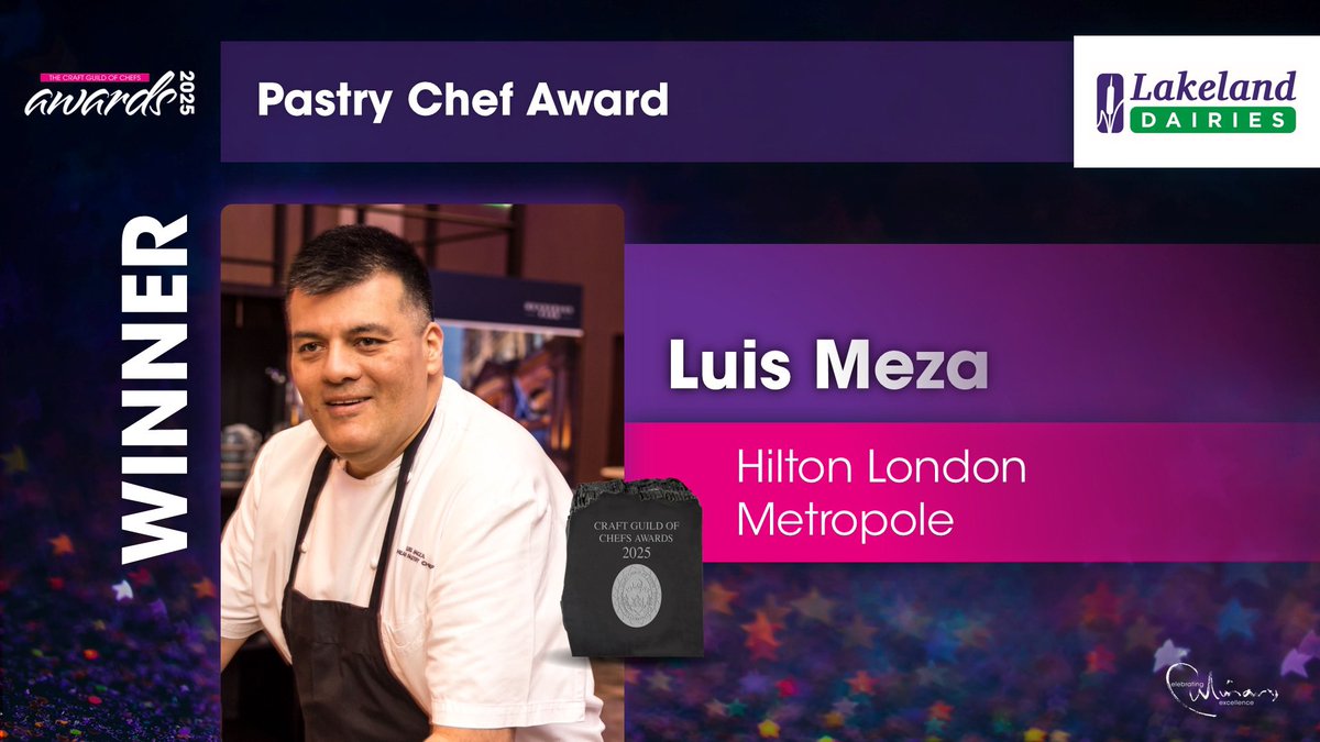 Craft_Guild's tweet image. The winner of the #CGCAwards Pastry Chef Award has just been revealed. Congratulations to Luis Meza from @HiltonLondonMet. Thank you to @lakelandFS for supporting this award.