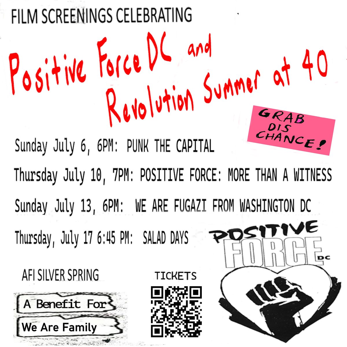 We were off Twitter/X forever! But as we let Facebook go we reboot here… This weekend folks is the start of the DC Pos. Force/Rev. Summer anniversary! Concerts this weekend at St. Stephens then the screenings at the AFI (qr code in flyer). The Q&amp;A and band lineups are amazing!