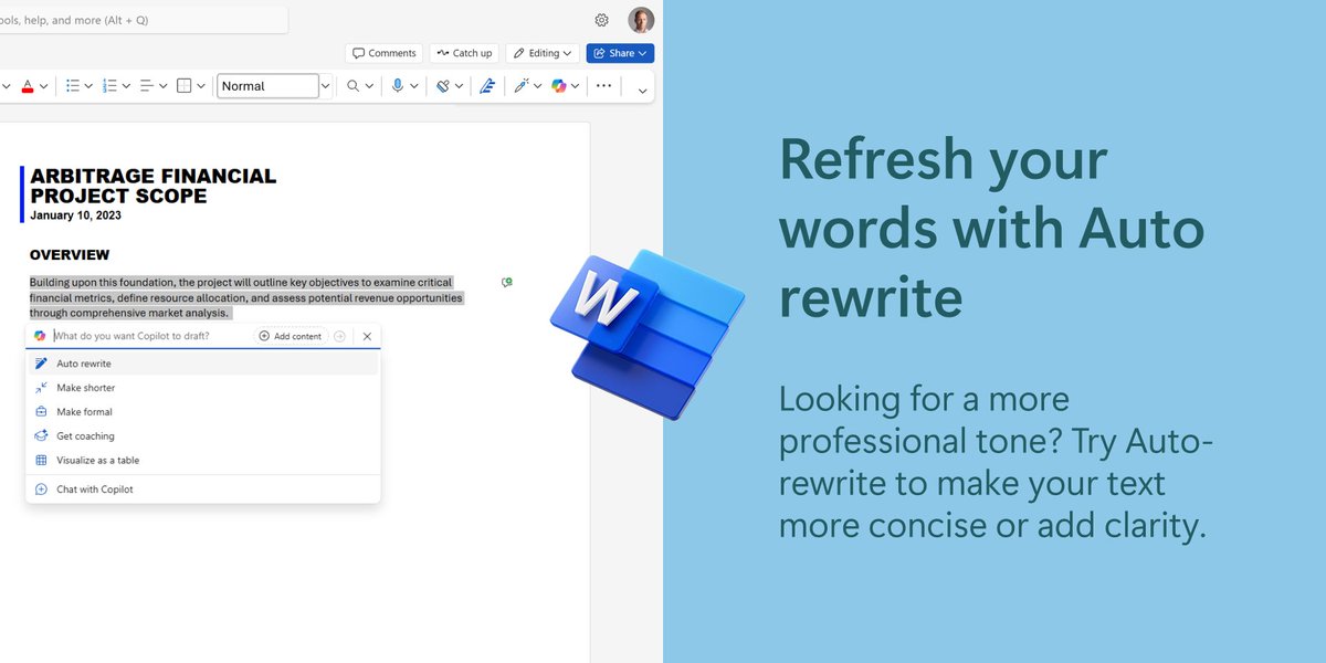 Microsoft365's tweet image. Tackle writers block with these quick tips using Copilot in Word. msft.it/6016SsE3G #MicrosoftWord