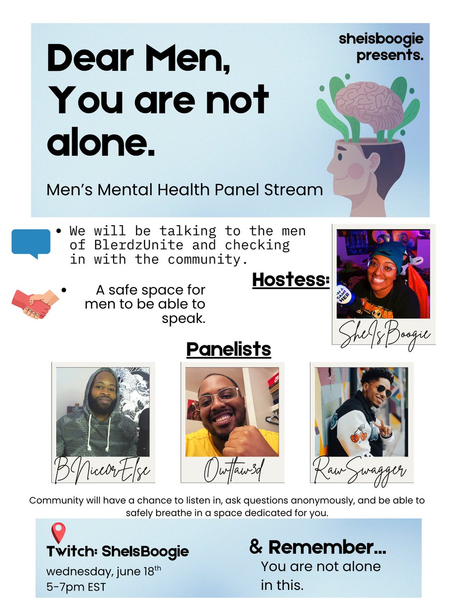 #SheIsPartner2025™️💯🔜Dreamcon ‘25 (@sheisboogie) on Twitter photo Wednesday, Im here for the men! Come join me and the men of <a href="/BlerdzUnite/">Blerdz Unite</a> in honor of Men's Mental Health month.
We will be checking in with the men, ask questions, and remind those who show up that you are not alone!
Join us Wednesday, June 18th @ 5pm EST. Wednesday, Im here for the men! Come join me and the men of <a href="/BlerdzUnite/">Blerdz Unite</a> in honor of Men's Mental Health month.
We will be checking in with the men, ask questions, and remind those who show up that you are not alone!
Join us Wednesday, June 18th @ 5pm EST.