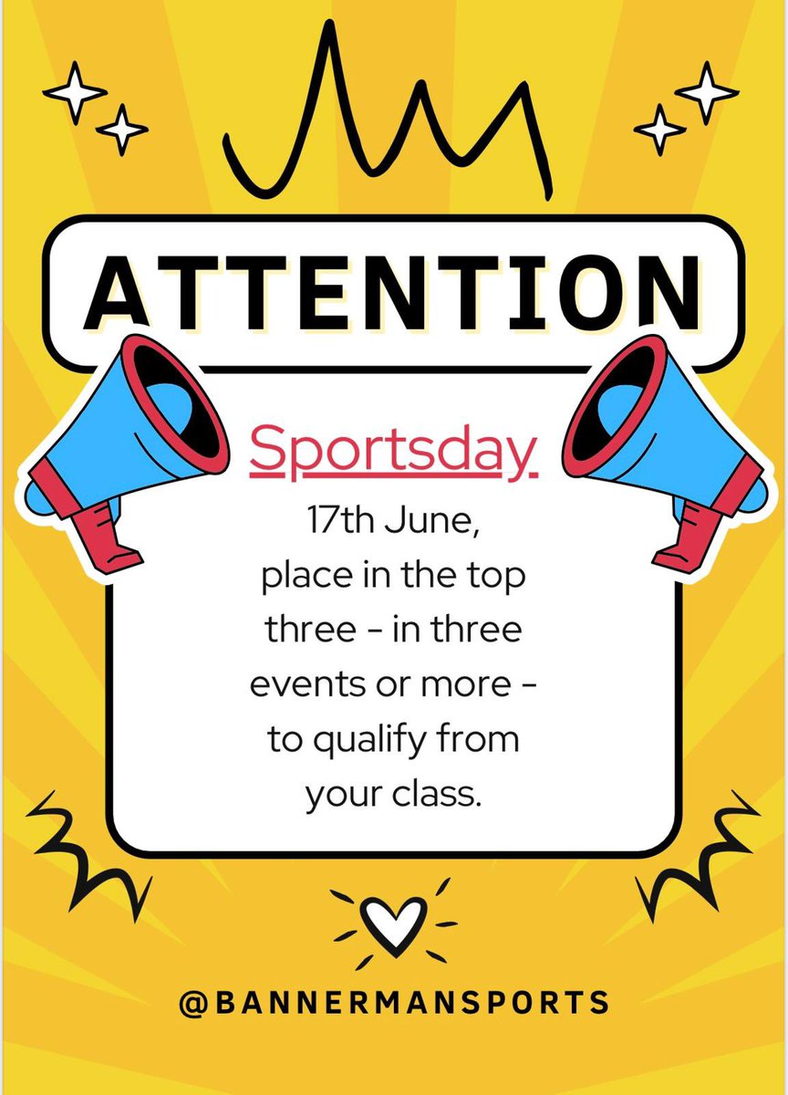 BannermanSports's tweet image. 📣SPORTS DAY INCOMING📣

Excited to welcome all of our competitors down to the PE dept tomorrow for our annual sports day! 

💫Come in full kit
💫Bring plenty of water 
💫Register with allocated teacher in gyms
💫Trophies for top performers in each year! 

💪🏽 let’s gooooooo