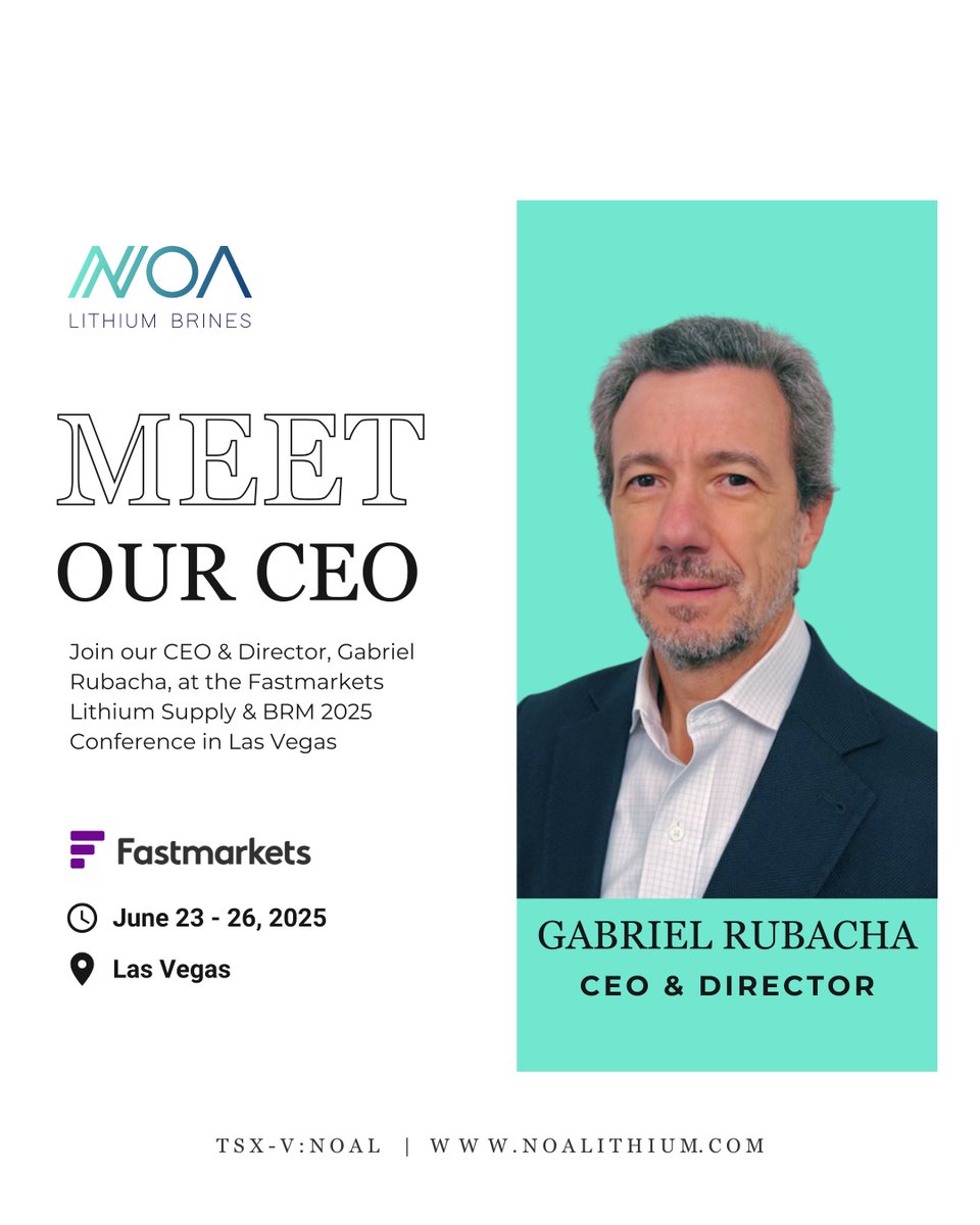 NOAlithium's tweet image. 🔋 Let's connect in Las Vegas!
Join our CEO & Director, Gabriel Rubacha, at the Fastmarkets Lithium Supply & BRM 2025 Conference from June 23–26. Learn more about our company, recent milestones and the exciting opportunities ahead as we drive the energy transition forward.
📍…