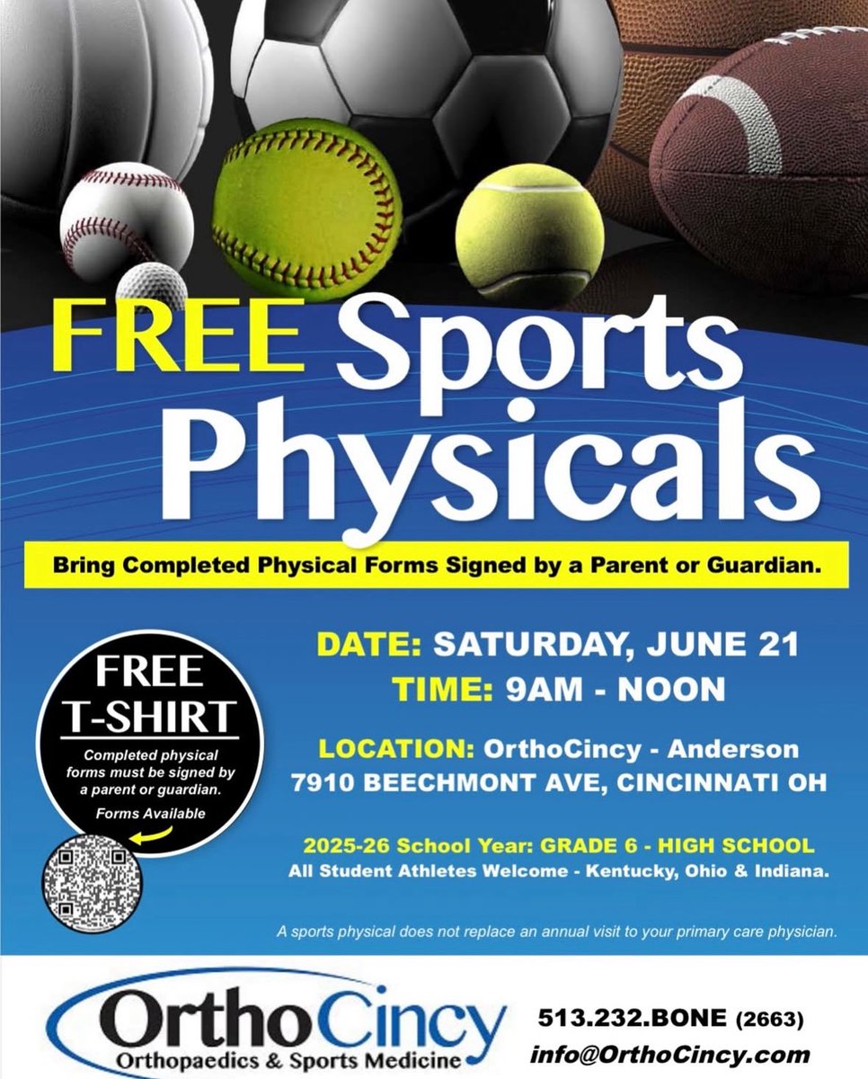 FHSchools's tweet image. Calling all student-athletes!! @OrthoCincy and @ChristHospital are offering FREE sports physicals for the upcoming school year on Saturday! From 9 a.m. to noon, students entering grades 6-12 can bring completed physical forms signed by a parent/guardian.