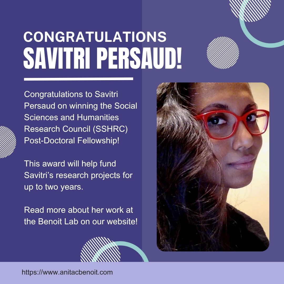 Congratulations, Savitri Persaud, for being awarded a SSHRC Postdoctoral Fellowship! 🎉

This fellowship supports new social sciences and humanities scholars to establish a research base during a pivotal time in their research careers. Once again, congratulations, Sav!