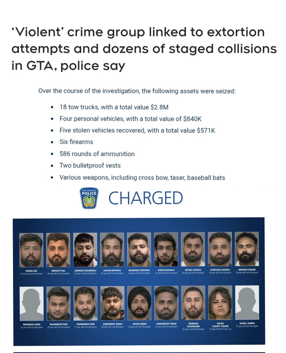 🚨Another huge bust of a crime group in Brampton, of course.

These deadbeats ran an extortion ring,  arson, drive by shootings and staged collision to defraud insurance companies as well while putting the public in danger.

18 tow trucks, fire arms, stolen cars and 600 rounds of