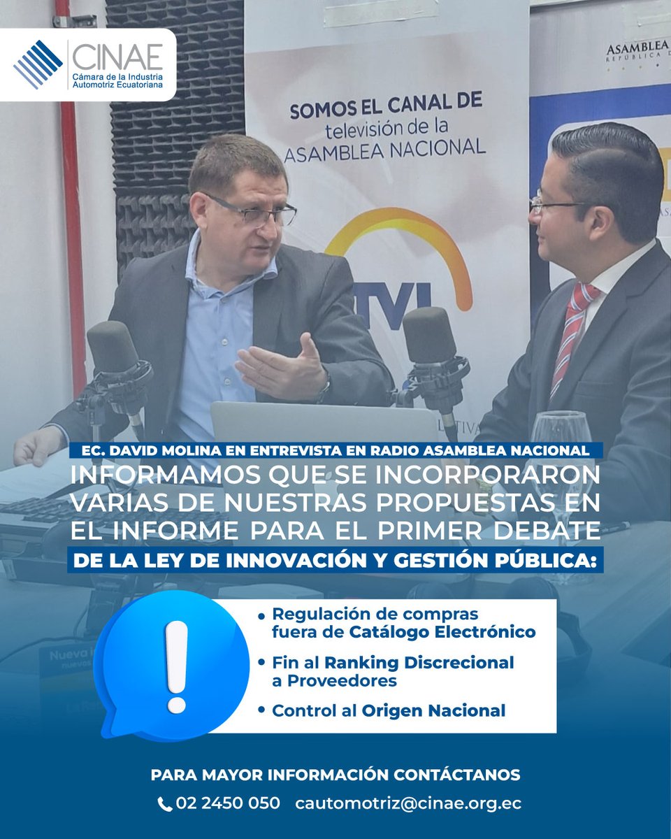 📷 Esta mañana en @RadioAsambleaEc, @CINAE_EC destacó que el informe de la Ley de Gestión Pública ya incluye propuestas realizadas por @CINAE_EC:
📷 Catálogo electrónico con control
📷 Origen nacional verificado
📷 Fin al ranking discrecional
📷 Debido proceso en convenios marco
