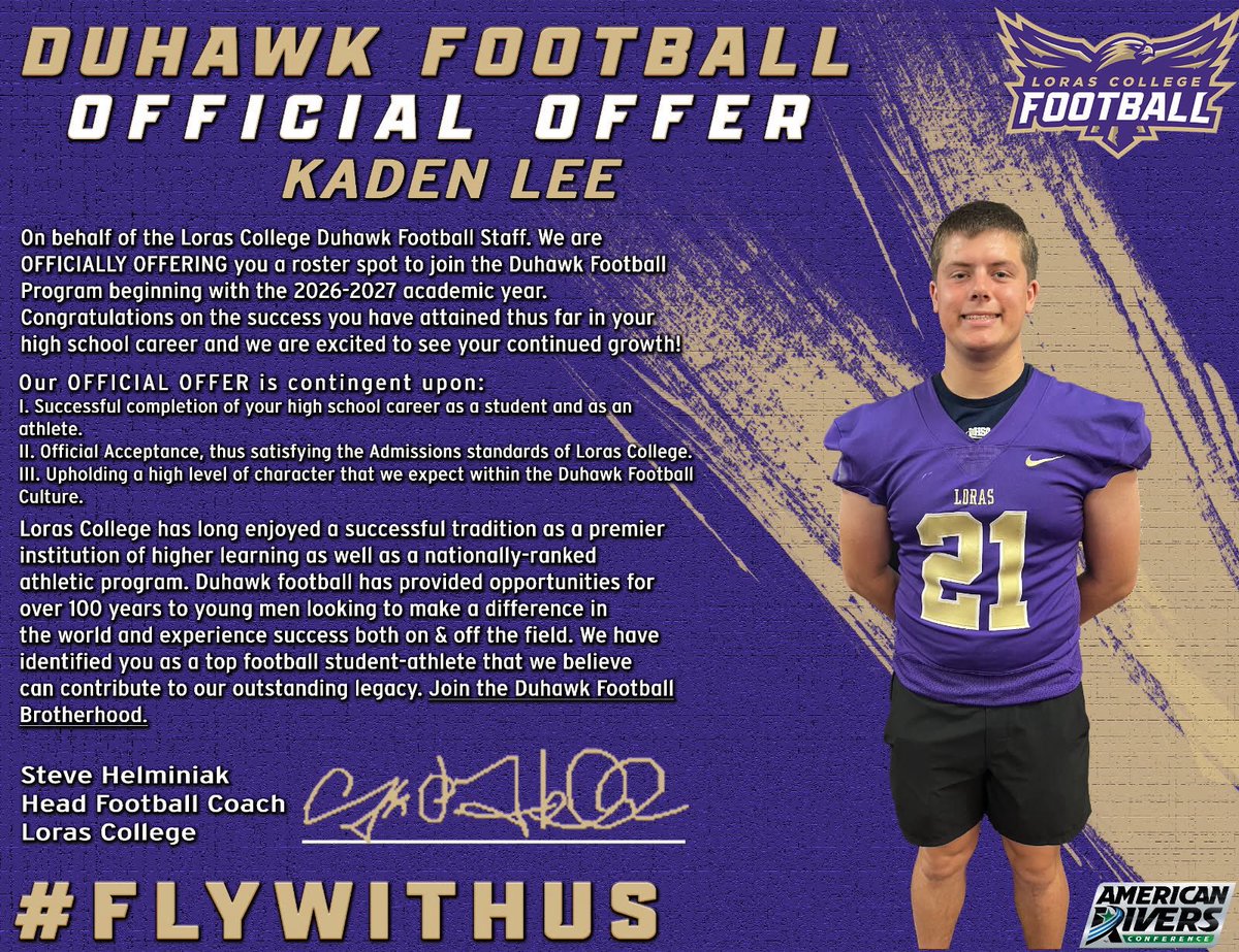 Kaden Lee 2026 (@kaden_lee01) on Twitter photo I am blessed to receive my 2nd offer for Football. Thank you <a href="/LorasCollegeFB/">Loras Football</a> and <a href="/CoachJPWR/">Coach Powers</a> and <a href="/CoachHLorasFB/">Steve Helminiak</a>
<a href="/CCHSsaintsFB/">CCHS Football</a> <a href="/BrauchtKevin/">Kevin Braucht</a> <a href="/CPHighland/">Coach Highland</a> <a href="/Mattneff70/">Mattneff</a> <a href="/AdelmanCharlie/">Charlie Adelman</a> <a href="/CoachTMcCormick/">Tanner McCormick</a> <a href="/NCSA_Football/">NCSA_Football</a> <a href="/LCFBRecruiting/">Loras College Football Recruiting</a> I am blessed to receive my 2nd offer for Football. Thank you <a href="/LorasCollegeFB/">Loras Football</a> and <a href="/CoachJPWR/">Coach Powers</a> and <a href="/CoachHLorasFB/">Steve Helminiak</a>
<a href="/CCHSsaintsFB/">CCHS Football</a> <a href="/BrauchtKevin/">Kevin Braucht</a> <a href="/CPHighland/">Coach Highland</a> <a href="/Mattneff70/">Mattneff</a> <a href="/AdelmanCharlie/">Charlie Adelman</a> <a href="/CoachTMcCormick/">Tanner McCormick</a> <a href="/NCSA_Football/">NCSA_Football</a> <a href="/LCFBRecruiting/">Loras College Football Recruiting</a>