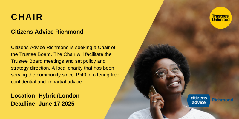 ***DEADLINE APPROACHING***

🌟 Join CITIZENS ADVICE RICHMOND as a Chair🌟

🗓️ Deadline: 17 June 2025
💼 Role: Voluntary  
📍 Location: Hybrid/London

Find out more and apply here: ow.ly/fP5H50VltaI

#Trustee #CharityJob #CharityRole #TrusteeRole #TrusteeRecruitment