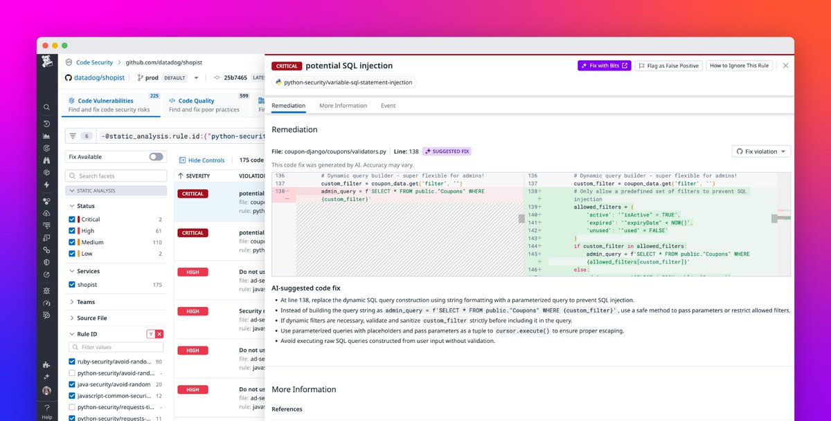 Datadog Code Security integrates directly into development workflows, enabling your team to quickly identify and fix real security risks—from code to production: dtdg.co/datadog-code-s…
