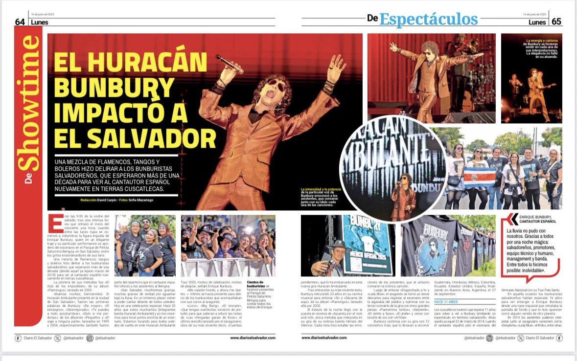 El huracán Bunbury impactó a El Salvador

Una mezcla de flamencos, tangos, boleros y rock hizo delirar a los bunburistas salvadoreños que esperaron más de una década para ver al cantautor español nuevamente en tierras cuscatlecas.

Eran las 9:35 de la noche, del sábado, tras una