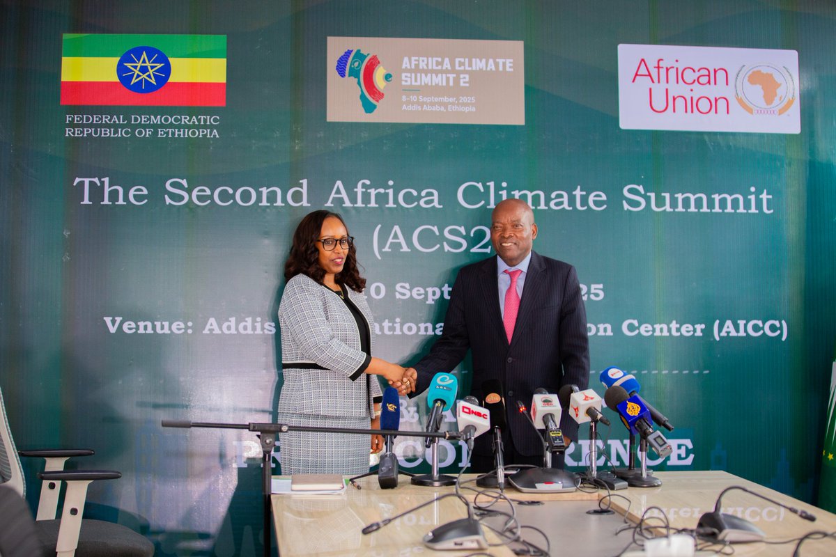 📢 BIG NEWS! Following today's media briefing at the Ministry of Planning &amp; Development, Ethiopia, in collaboration with the AU, officially announces 🇪🇹 will host the Second Africa Climate Summit (ACS2)! 

🗓️ Mark your calendars: Sept 8-10, 2025, in Addis Ababa.
Venue: Addis