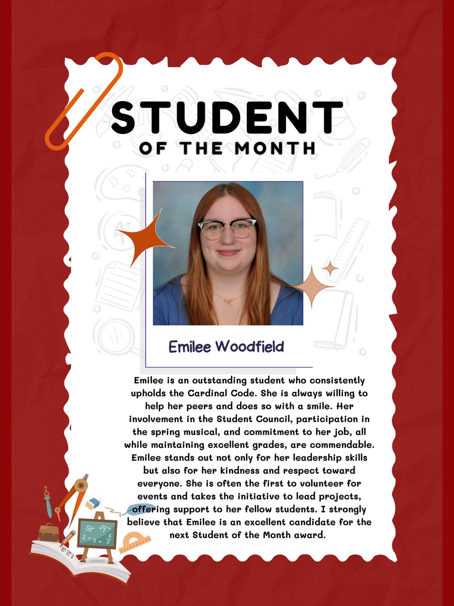 Congratulations to Emilee Woodfield, our 11th grade student of the Month for June. Emilee was nominated by Mrs. Karlee Pins and Mrs. Amy Cottrill.